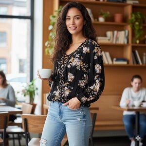 About A Girl Boutique Black Floral Mock Wrap Cropped Blouse Size Medium 3/4